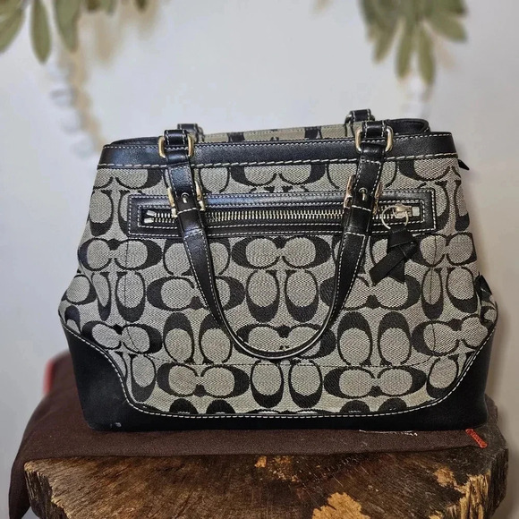 Coach Small Carryall Tote Bag Black Gray Signature Logo Canvas Leather 6830 - Picture 4 of 16